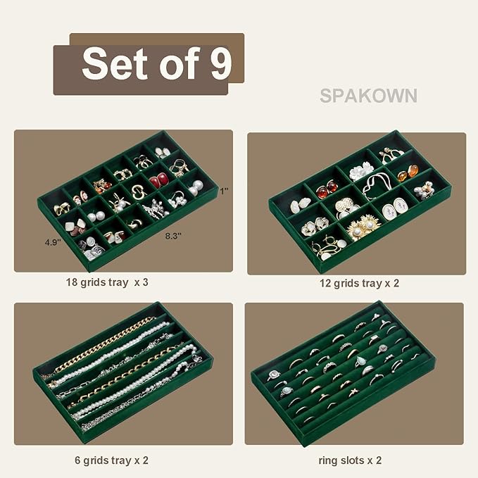 SPAKOWN Jewelry Organizer for Drawer, Adjustable Velvet Jewelry Tray, Stackable Necklace Organizer Earring Holder Organizer Ring Tray Jewelry Storage Display Drawer Inserts Set of 9 (Green)