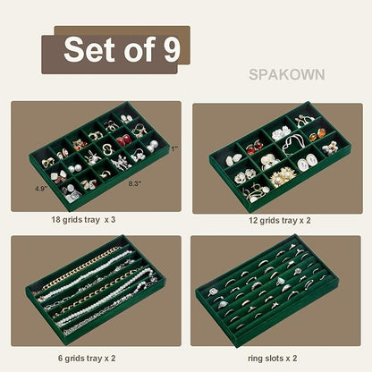 SPAKOWN Jewelry Organizer for Drawer, Adjustable Velvet Jewelry Tray, Stackable Necklace Organizer Earring Holder Organizer Ring Tray Jewelry Storage Display Drawer Inserts Set of 9 (Green)