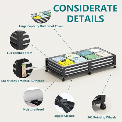 Bamboo Under Bed Storage Containers- Underbed Organizer with Wheels with Large Capacity Dust Bag,Sturdy Wood Rolling Under Bed Shoe Storage Organizer 2 Packs (Black, 2 Packs (33.07"×16.54"))