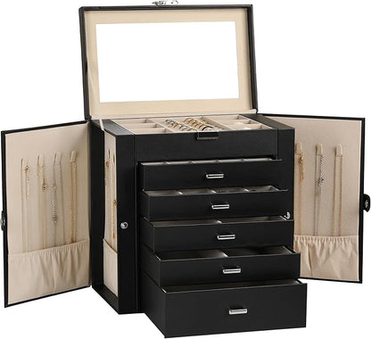 Frebeauty Large Jewelry Box,6-Tier PU Leather Jewelry Organizer,Multi-functional Storage Case with Mirror,Accessories Holder with 5 Drawers for Necklace Bracelets Watches(Black)