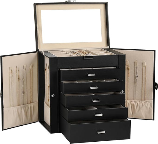 Frebeauty Large Jewelry Box,6-Tier PU Leather Jewelry Organizer,Multi-functional Storage Case with Mirror,Accessories Holder with 5 Drawers for Necklace Bracelets Watches(Black)