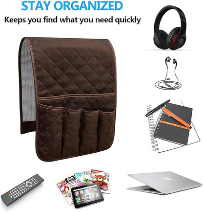 AUVCAS Sofa Armrest Organizer Non-Slip Arm Chair Bedside Storage Caddy Organizer Armchair Caddy for Recliner Couch Remote Holder with 5 Pockets for Cell Phone TV Remote Control Magazines (Coffee)