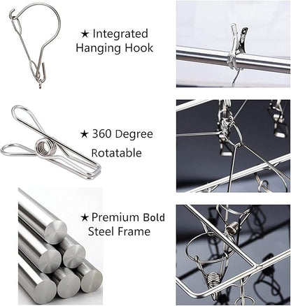 Stainless Steel Sock Drying Rack with 36 Clips, Swivel Hook Wind-Proof Clothes Hanger Rack for Sock, Bras, Underwear, Laundry Accessories