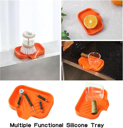 MicoYang Silicone Bathroom Soap Dishes with Drain Spout-Bathroom and Kitchen Sink Organizer,Sponge Holder,Dish Soap Tray,Perfect for Dispenser,Scrubber,Bottle,Cup on Sink or Counter-Orange 4.9"×3.2"