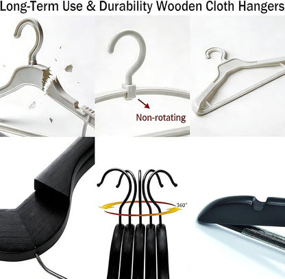 Black Wooden Coat Hangers, Durability Wood Suit Hangers with Non Slip Pant Bar, Solid Wooden Clothes Hangers with Wide Shoulder Design for Shirts, Jackets, Dress, Pants, Sweaters, 30 Pack