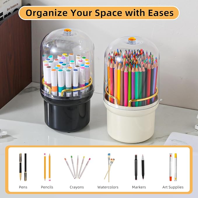 360-Degree Rotating Colored Pencil Holder with Lid, Pencil Organizer Holds 100 long Pencils with 7 Slots for Desk, Caddy Art Supply Organizer, Multi-function Makeup Brushes Ogranizer (Black)