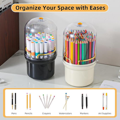 360-Degree Rotating Colored Pencil Holder with Lid, Pencil Organizer Holds 100 long Pencils with 7 Slots for Desk, Caddy Art Supply Organizer, Multi-function Makeup Brushes Ogranizer (Black)