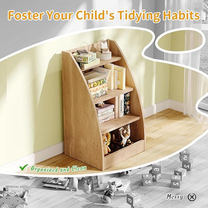 Kids Bookshelf,4 Tier Kid Book Shelf for Kids Rooms,Wood Children Bookcase,Baby Storage Books Rack,Toddler Bookshelf, Book and Toy Organizer,Books Display Shelf for Bedroom, Playroom, Nursery