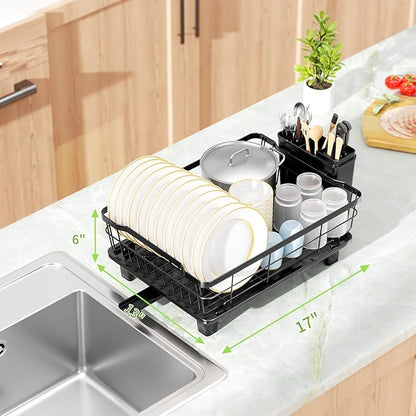 DMTXCRP Dish Drying Rack with Drainboard for Kitchen Counter, Large Capacity Durable Rustproof Stainless Steel Dish Drainer Rack with Removable Flatware Caddy -Black