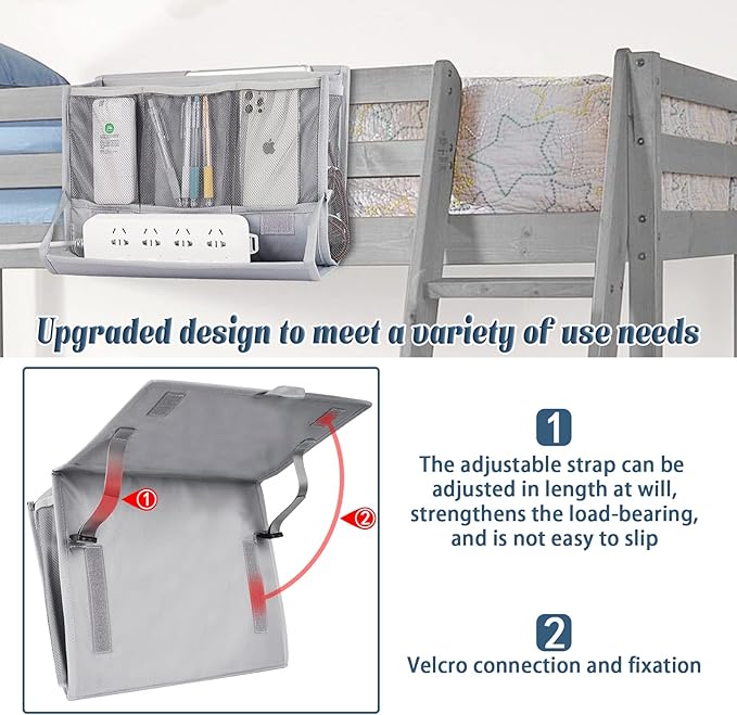 Retyion Bedside Storage Organizer with Power Strip Holder and Adjustable Straps Bed Hanging Bag for Home Bunk Bed Dorm Sofa (Light Gray)
