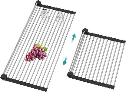 Extra Large Expandable Roll Up Dish Drying Rack,Over The Sink Drying Rack Sink Cover Kitchen Sink Accessories Kitchen Rolling up Stainless Steel Drainer, Foldable,Rollable（Black，25.1''-12.4''）