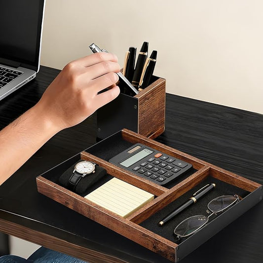 Wooden Desk Tray with Integrated Pen Holder, Luxury Office Organizer for Executive Desk, Minimalist Wood & Metal Stationery Storage Set, Premium Gift for Men & Home Office Decor