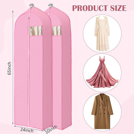 2 Pcs 10" Gusseted Garment Bags for Hanging Clothes Dress Bags for Gowns Long Closet Waterproof Garment Covers Wedding Dress Cover Traveling Clothes Protector (Pink,65 Inch)