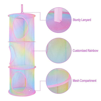 Basumee Stuffed Animals Net or Hammock 2 Pcs Stuffed Animals Storage Toy Net Hammock for Plushies Storage Organizer Mesh Kids Girls Room Decor, Rainbow, 3 Tiers
