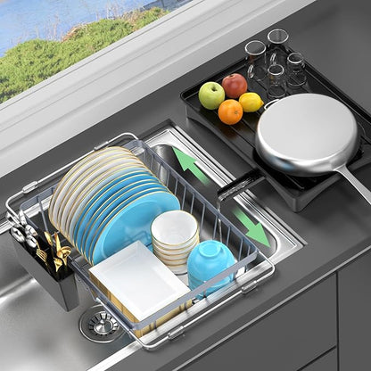 LEMIKKLE Sink Dish Drying Rack - Expandable Small Dish Rack Over Sinks with Drying Tray, Dish Drainer for Kitchen Counter with Cutlery Holder, Drying Rack Fit for 14’’-19’’ Kitchen Sink
