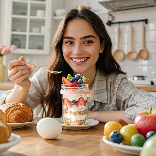 16oz Overnight Oats Containers with Lids and Spoons, 4 Pack Wide Mouth Mason Jars with Airtight Lids, Overnight Oats Jars for Salad, Chia Seed, Cereal, Yogurt