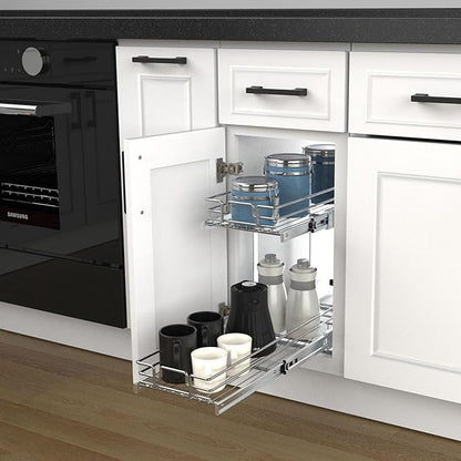 2 Tier Pull Out Cabinet Organizer, 9" W x 21" D Heavy-Duty Metal Sliding Drawer Shelf for Kitchen Cabinets, Chrome, Doesn't Include Door Fittings