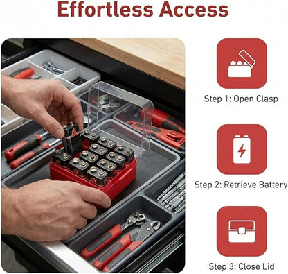 ALCYON Battery Organizer Storage Case, Battery Vault Box Container for 12pcs 9V Batteries, Plastic Clear Protective Battery Holder for Travelling/Home/Office (Red,Small)