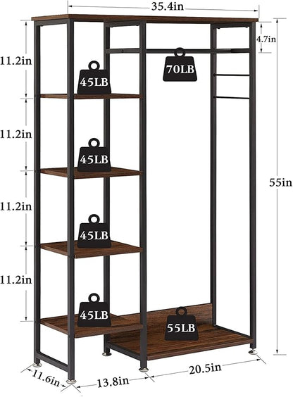 VECELO Open Garment Clothing Rack, Free-Standing Heavy Duty Storage Closet with 5 Shelves and Hanging Rod for Small Spaces, Max Load 350LBS, Brown