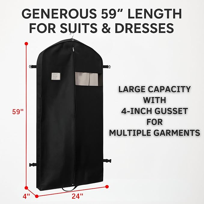 Party Bargains Garment Bag 59-Inch – Non-Woven Hanging Clothes Storage Cover for Suits, Dresses & Coats, Zippered for Closet or Travel (Black)