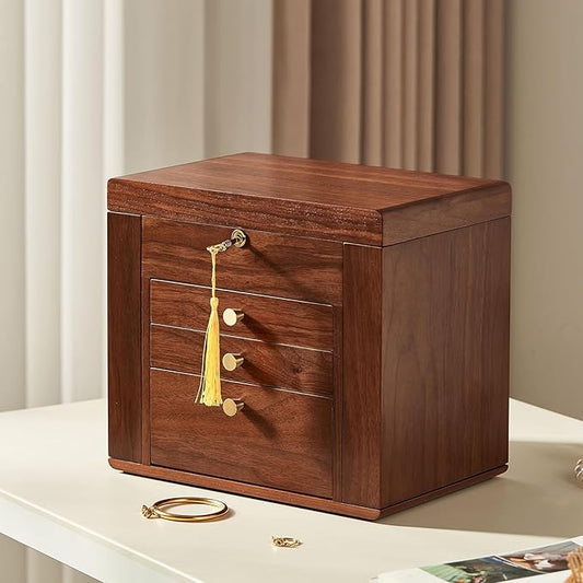 Homruilink Black Walnut Wooden Jewelry Box, Wood Jewelry Organizer with 2 Side Doors Mirror Lockable Classical for Watch Necklace Ring Earring Storage Christmas Gifts-4 Layer with Curved Ring Grooves