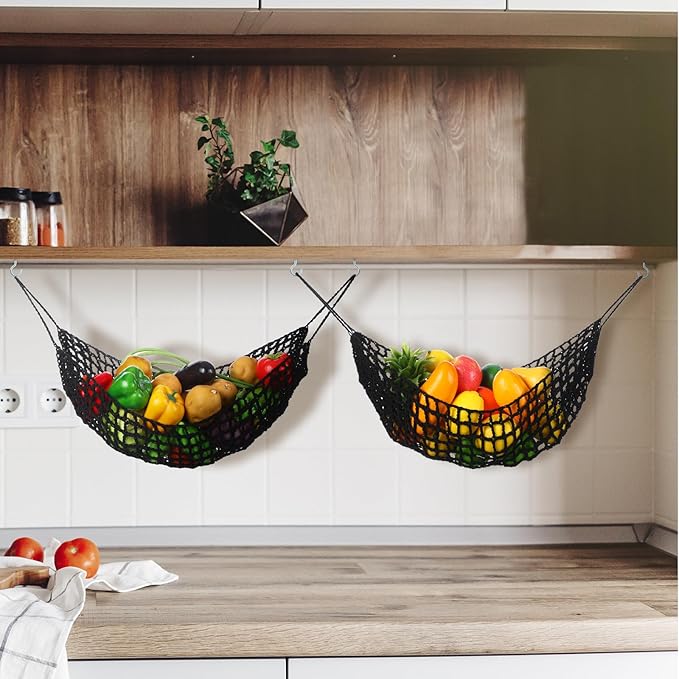 Xuhal 2 Pcs 11.8 x 20 Inch Large Macrame Fruit Hammock Under Cabinet Veggie Banana Hammock Hanging Fruit Basket Saves Counter Space for Kitchen Hand-woven Lace Hanging Basket (Black Style)