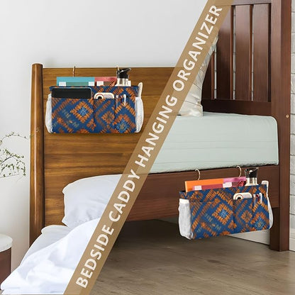 CuwrYet Bedside Caddy Hanging Bunk Bed Caddy Bed Organizer Hanging Pocket with 2 Hooks Bedside Storage Organizer Pocket Bag Holder Blue Orange Diamond Tie-dye