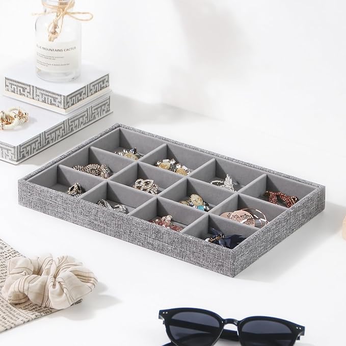 Stackable Jewelry Organizer Tray For Drawers,White Leather Small Earring Storage Tray,Bracelet And Necklace Display Box,Jewelry Ring Display Case (Gray 12 Grids)