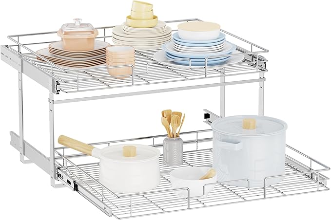 LOVMOR Individual Pull Out Cabinet Organizer, 2 Tier Slide Out Cabinet Drawers, Pots and Pans Organizer and Storage Pantry Shelf for Kitchen (25½" W x 21½" D)