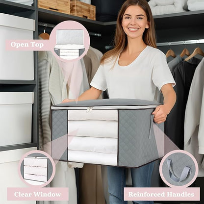 combocube Comforter Storage Bag, Zippered Bag with Large Clear Window and Carry Handles, Space Saver Organizers for Closet, Blanket, Pillow, Quilt, Bedding, Clothes (4Pcs Grey Large)