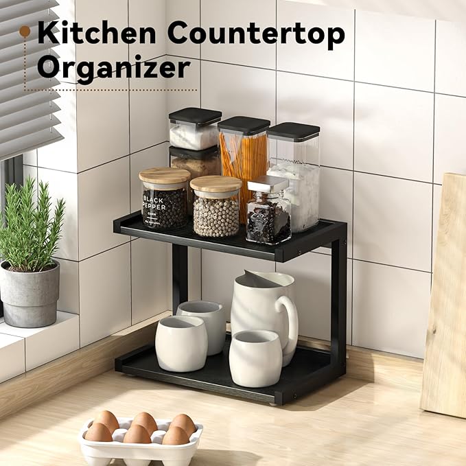 MARTY 2 Tier 12.6"x7.7" Counter Shelf Organizer Kitchen Spice Rack for Countertop, Coffee Station Organizer for Mugs Cups, Wood Shelf Desk Storage Organizer for Bathroom Home Office (Black)