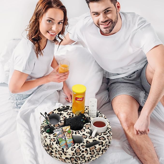 Couch Cup Holder Pillow - Cup Glass Cozy Pillow | Couch Caddy Sofa Bed Buddy Holds Drinks, Snacks, Remote, Phones, Tablet. Keep Drinks Stand and Prevent Spills for Car, Park, Beach (LeopardYellow)