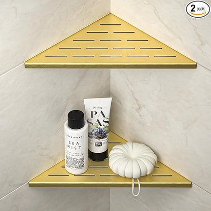 Bernkot Corner Shower Shelf, 304 Stainless Steel Bathroom Shelf for Tiled Wall, Grout in Shelves (Gold, 10"-2 Pack)