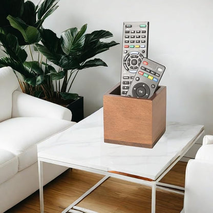 Remote Control Holder Caddy, Farmhouse Acacia Wood TV Remote Holder, Vintage Desk Caddy, Remote Organizer for Table (Brown - for 2 or 3 Remote Controls)