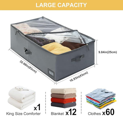 PLUMGEAN 10-Inch Under Bed Storage Containers (2-Pack) | Sturdy Sidewalls | Clear Cover & Label Holder | Foldable Fabric Closet Bin Organizer | Stores Clothing/Blankets/Sweaters/Sheets