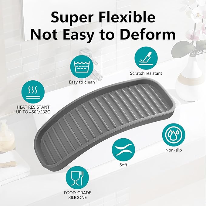 silicone sponge holder - dish soap holder for kitchen counter 2 Pack, Waterproof sponge soap tray for kitchen sink bathroom, Multipurpose sink caddy organizer for soap dispenser Scrubbers Makeup Gray
