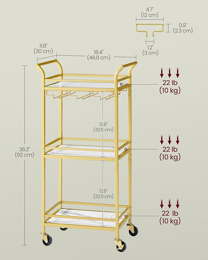 VASAGLE Bar Cart, Home Bar Serving Cart with 3 Tiers, Kitchen Shelf with Wine Rack, Glass Holders, for Small Spaces, Dining Room, Living Room, Pale Gold ULRC101A01