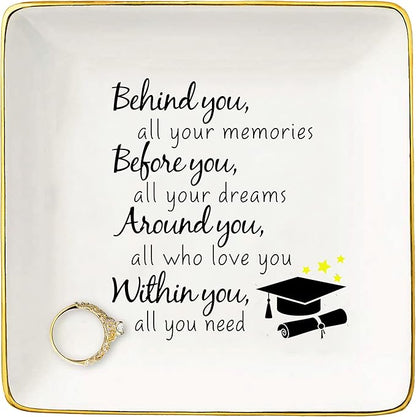 Topthink Behind You All Memories Before You All Your Dreams– Ceramic Jewelry Holder Ring Dish Trinket Box Tray – Inspirational Graduation Gifts For Girls Daughter Sister Niece Best Friends BFF