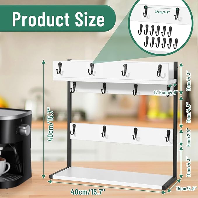 Coffee Mug Holder – 2 Tier Mug Rack Stand with Storage Base for 12 Cups – for Kitchen, Dining Room Counter & Wall Mounted Organizer & Coffee Bar Decor Accessories