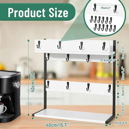 Coffee Mug Holder – 2 Tier Mug Rack Stand with Storage Base for 12 Cups – for Kitchen, Dining Room Counter & Wall Mounted Organizer & Coffee Bar Decor Accessories