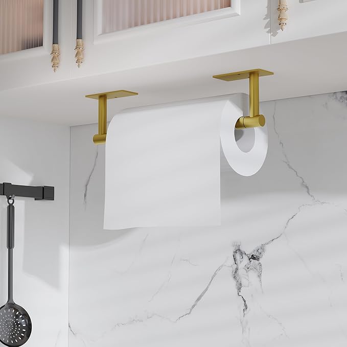 RUACQ Paper Towel Holder Under Cabinet, Wall Mounted or Adhesive Stainless Steel Paper Towel Holder,Square Base Paper Towel Rack for Kitchen, RV, Bathroom (Brushed Gold)