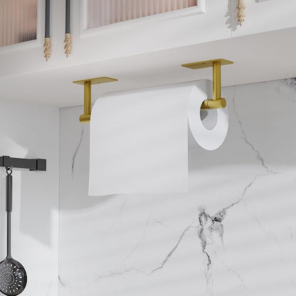 RUACQ Paper Towel Holder Under Cabinet, Wall Mounted or Adhesive Stainless Steel Paper Towel Holder,Square Base Paper Towel Rack for Kitchen, RV, Bathroom (Brushed Gold)