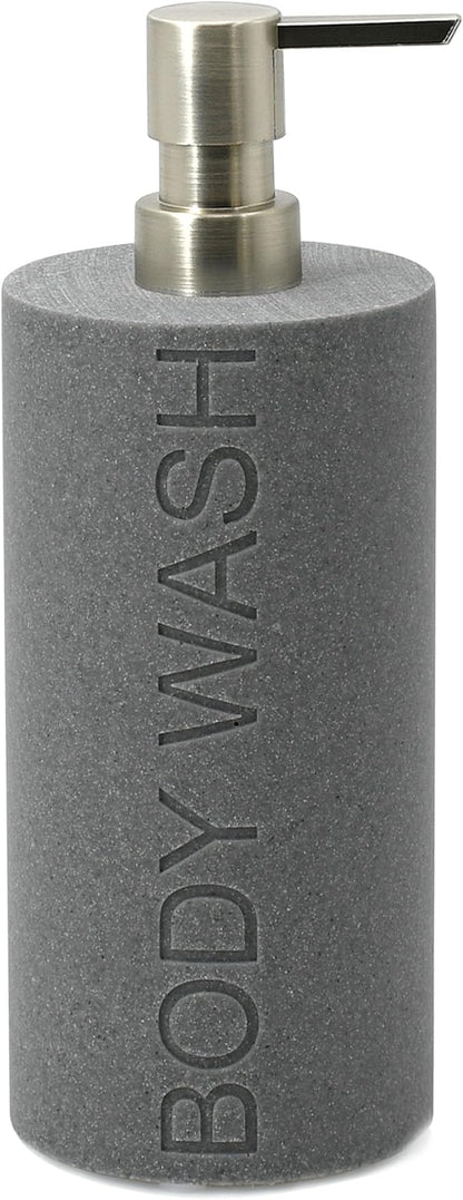 Indecor Home Resin Neutral Gray Sandstone Body Wash Engraved Bottle Refillable Pump Dispenser, Durable Waterproof Resin Construction for Bath, Shower - Gray Sandstone Satin Nickel Pump