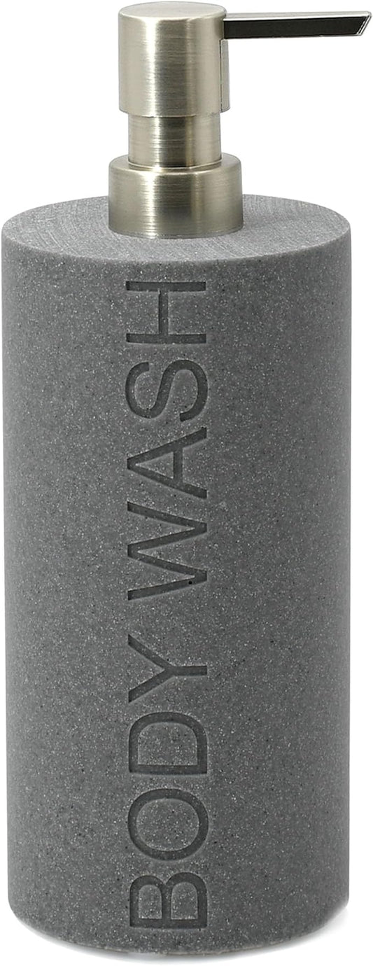 Indecor Home Resin Neutral Gray Sandstone Body Wash Engraved Bottle Refillable Pump Dispenser, Durable Waterproof Resin Construction for Bath, Shower - Gray Sandstone Satin Nickel Pump