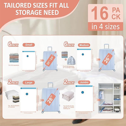 16 Pack Travel Vacuum Storage Bags with Rechargeable Wireless Electric Pump for Luggage, Suitcase, Carry-on Size Vacuum Seal Compression Space Saver Bags for Clothes and Clothing Travel