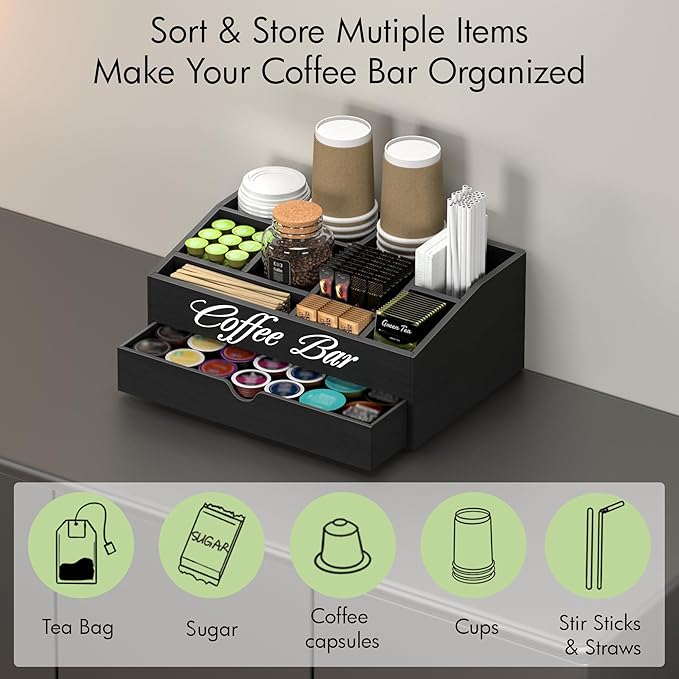 Suli Coffee Station Organizer,Extra Large Wooden Countertop Pods Holder with Drawer,Storage for Condiment Syrup Tea Cups,Rustic Bar Decor for Accessories Organizer (2 Tiers 11 Compartments)-Black