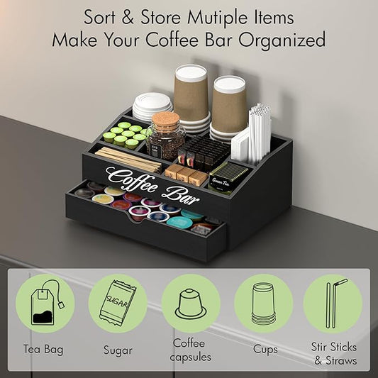 Suli Coffee Station Organizer,Extra Large Wooden Countertop Pods Holder with Drawer,Storage for Condiment Syrup Tea Cups,Rustic Bar Decor for Accessories Organizer (2 Tiers 11 Compartments)-Black