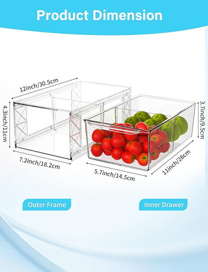 WRRLORS 6 Pack Stackable Storage Drawers,Clear Fridge Organizer with Handles and Movable Dividers,Pull-Out Acrylic Drawer Organizer for Pantry, Bathroom,Kitchen Undersink,Cabinet