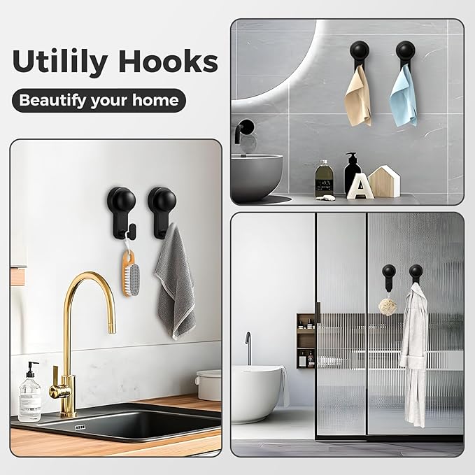 WingWider Shower Hooks for Inside Shower,No-Drill Removable&Reusable Towel Hooks for Bathroom,Heavy Duty Suction Cup Hooks for Glass Window,2 Pack(Black)