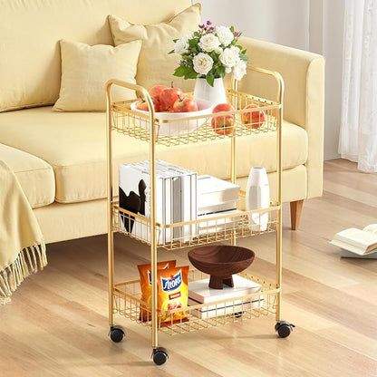 3 Tier Rolling Utility Cart, Storage Trolley Service Cart with Wheels Easy Assembly for Kitchen, Living Room, Office, Salon, Gold